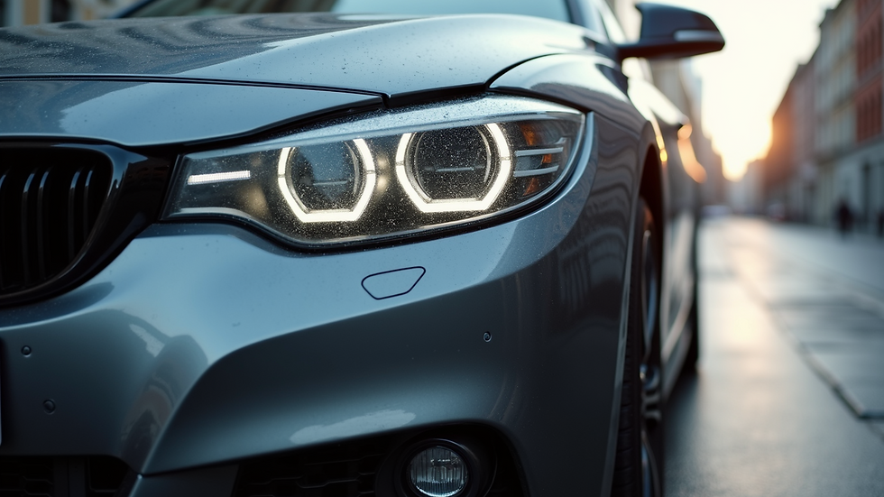 Eye-level view of a car with clear paint protection film applied on the front bumper