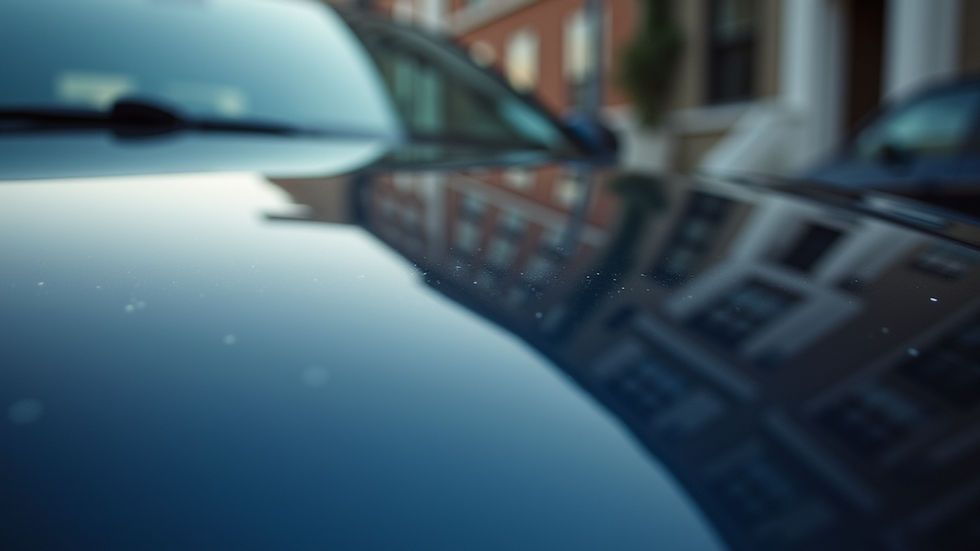Close-up view of a car hood with glossy, protected paint