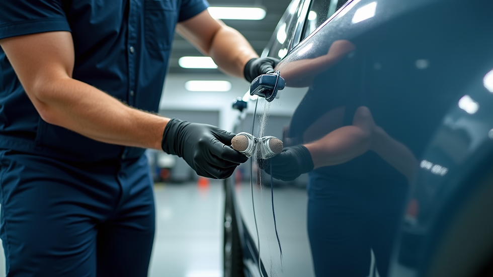 Eye-level view of a professional detailer applying ceramic coating to a car door