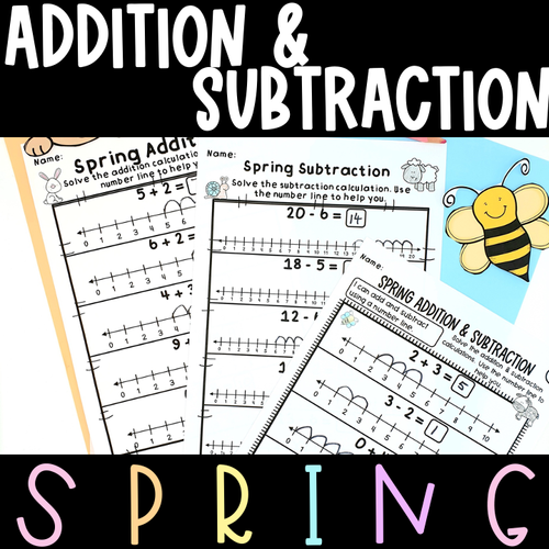 Spring Addition Subtraction on a Number Line Worksheet Bundle ...