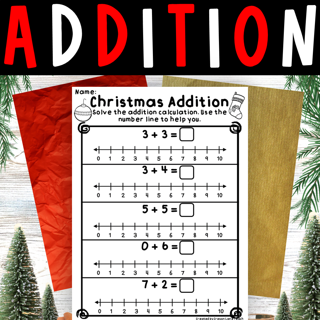 christmas addition number line worksheets