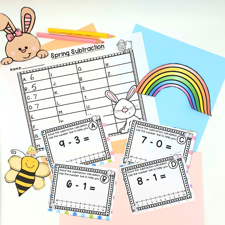 Miniature : Spring Subtraction with a Number Line Task Cards Kindergarten 1st Grade