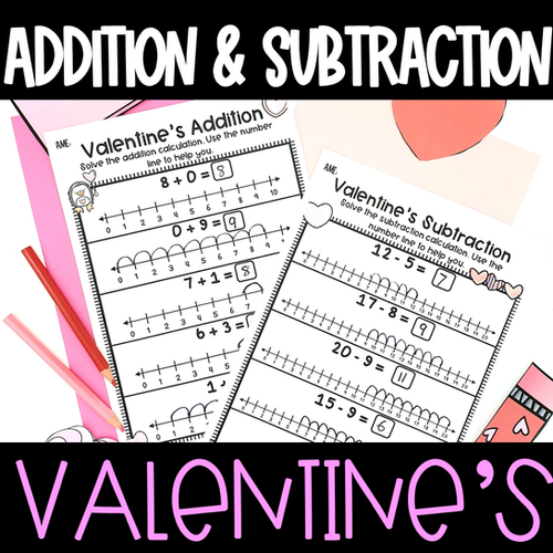 Addition Subtraction with a Number Line Valentine's Day Worksheet ...