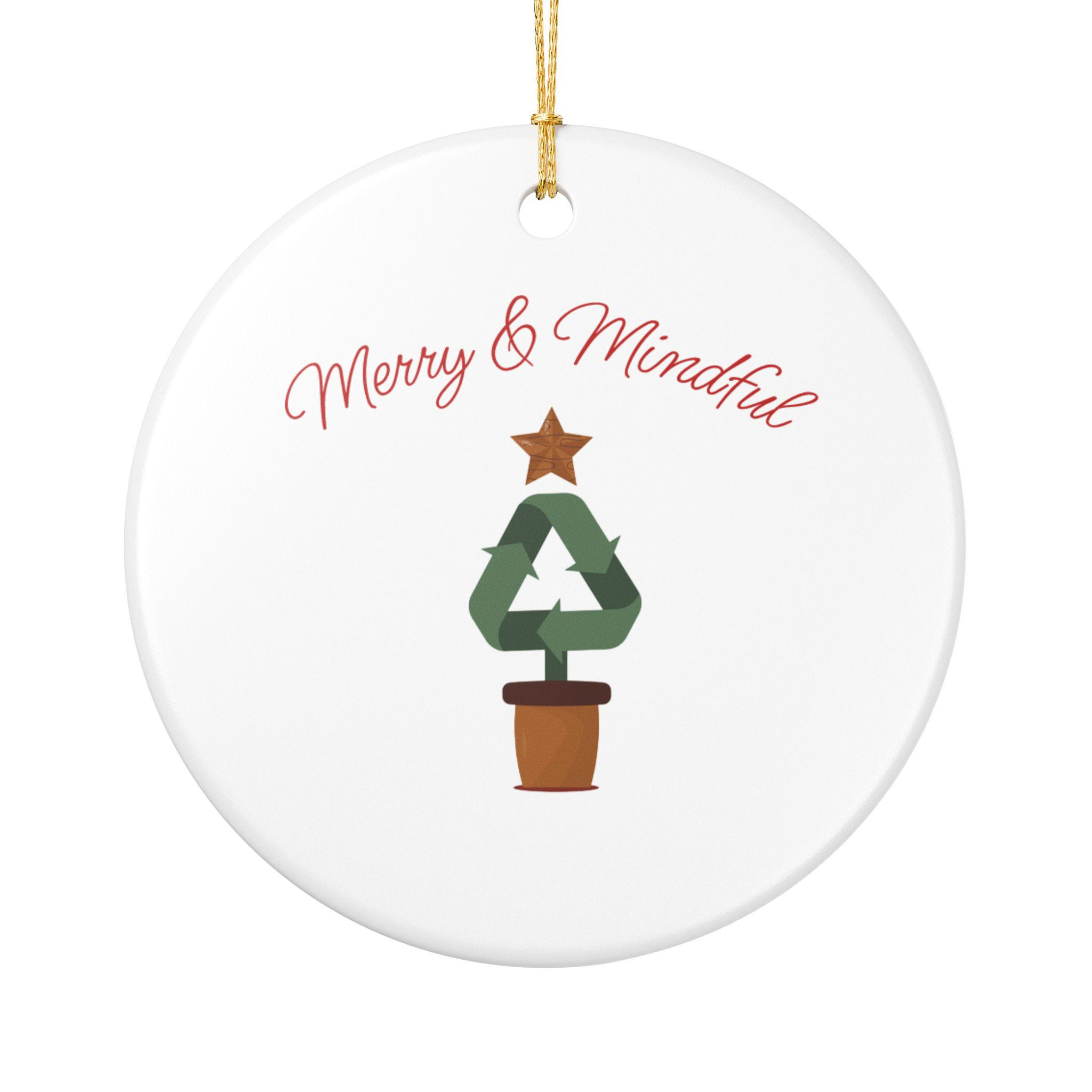 Ceramic Ornament – “Merry & Mindful” Potted Recycle Tree Holiday Decoration