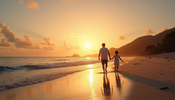 Eye-level view of calm beach at sunset in Flic en Flac with families walking along the shore