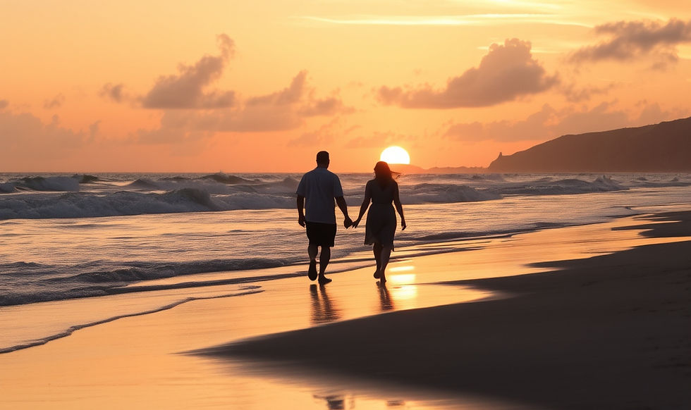 Couple holding hands walking along a beach at sunset, waves and clouds glowing orange, calm romantic mood