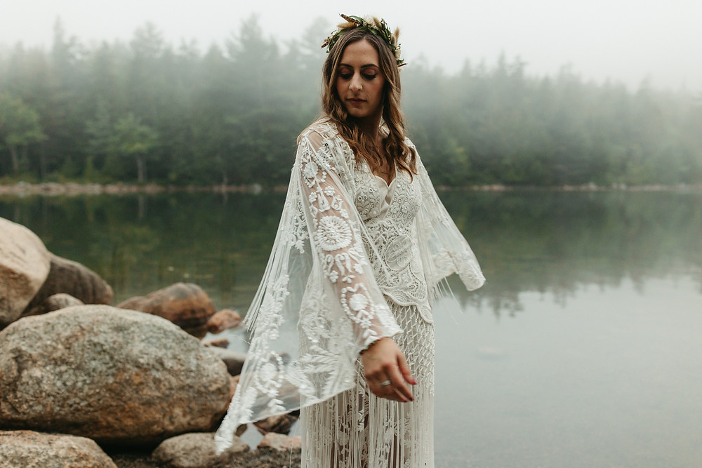 An elopement bride wears a Rue de Seine wedding gown at Acadia National Park ceremony.