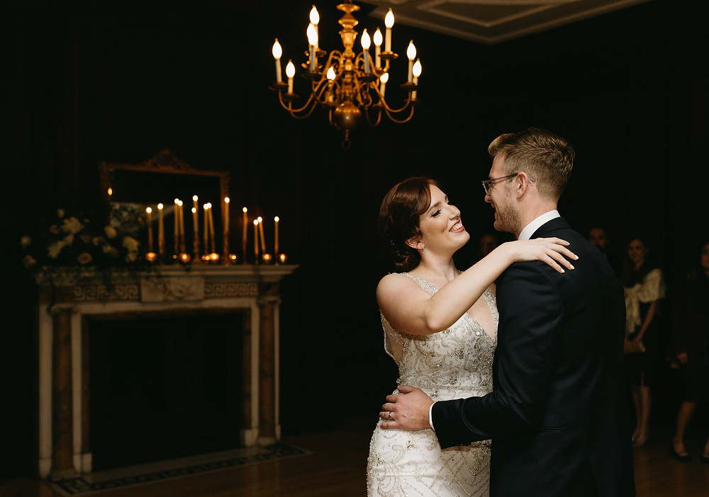 Newlyweds dance the night away at their 1920's inspired wedding at the Branford House in Connecticut.