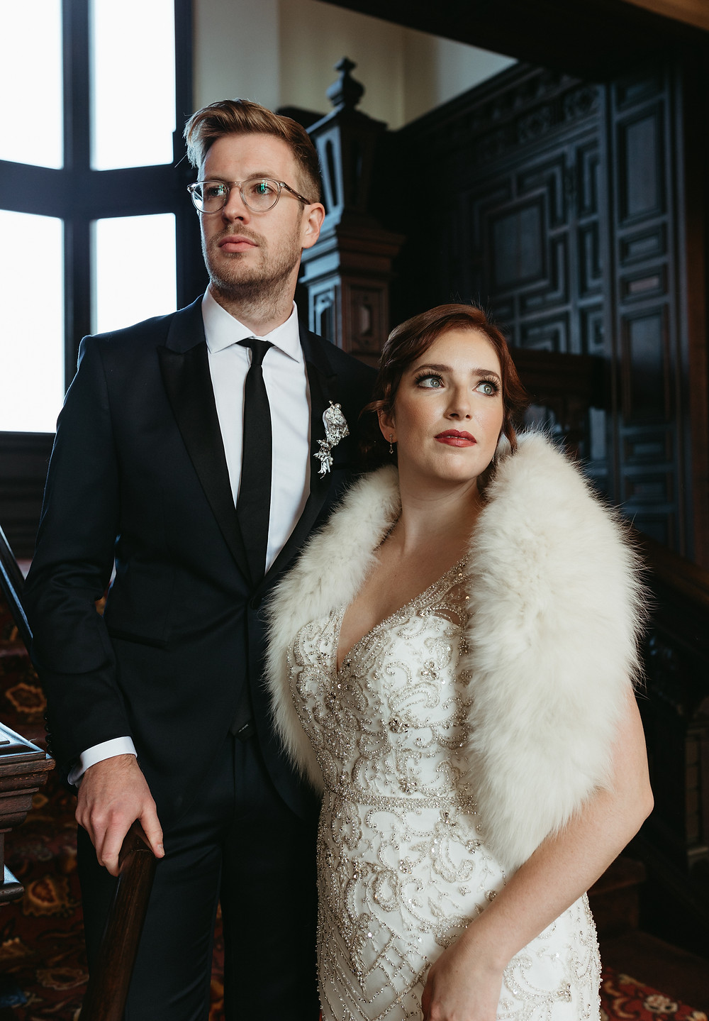 A couple's portrait at the Branford House during a 1920's inspired wedding in Connecticut.