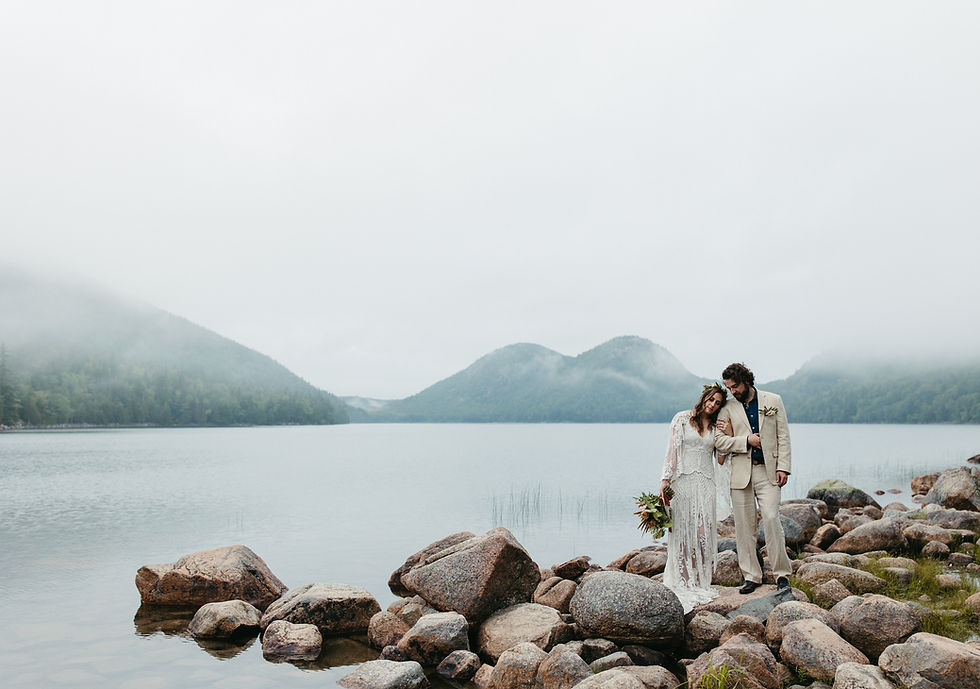 A bride and groom elope in Acadia National Park at Jordan Pond in Bar Harbor, Maine.
