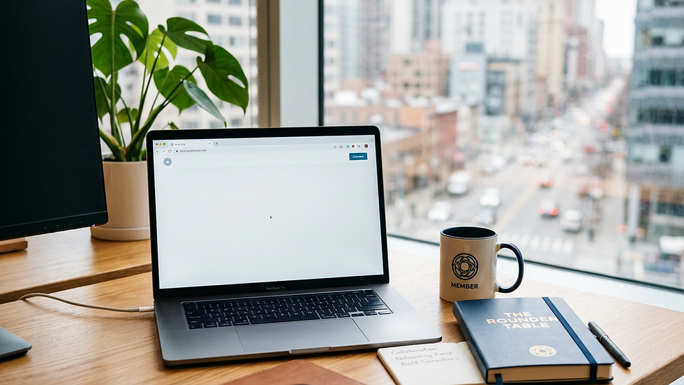 Eye-level view of a modern workspace with a laptop and notebook