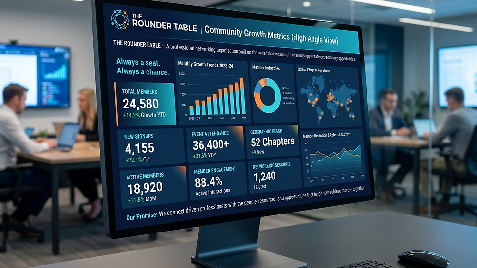 High angle view of a digital dashboard showing community growth metrics