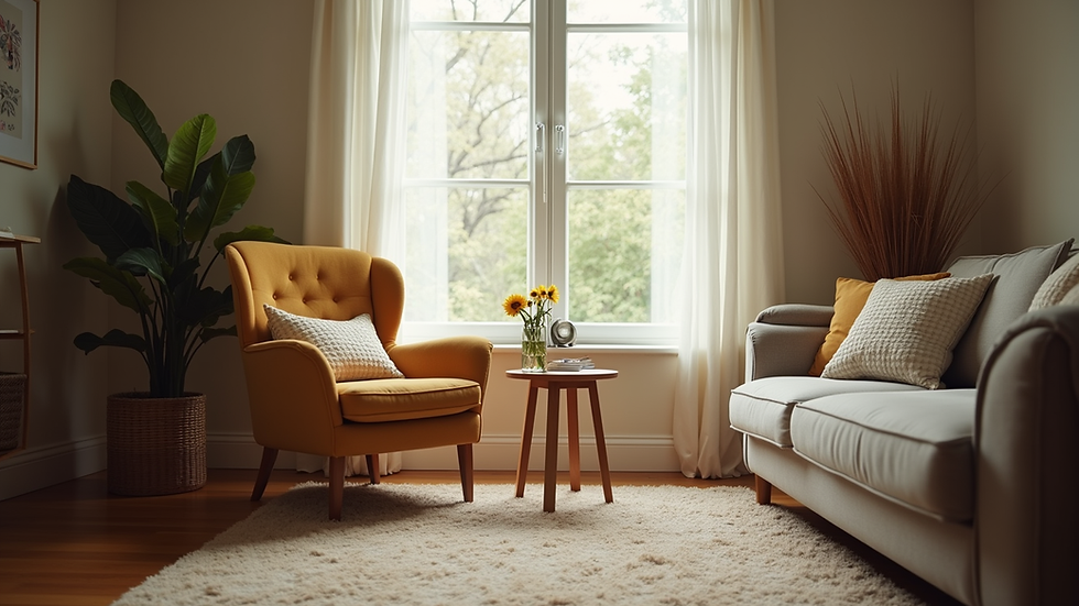 Eye-level view of a cozy living room with a comfortable chair and a small table