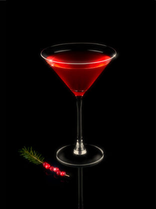 Red Cosmopolitan drink made out of Lingari with lingonberries on the side