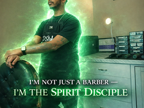 Spiritual barber in Hiram GA standing in D’Styles VIP Barber studio with green aura, representing discipline, energy, and precision grooming by Kevin Smith