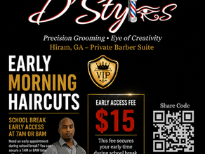 Black-and-gold barber promo poster for The Hiram Report: D’Styles, early morning haircuts, VIP badge, $15 fee, QR code, Kevin Smith.