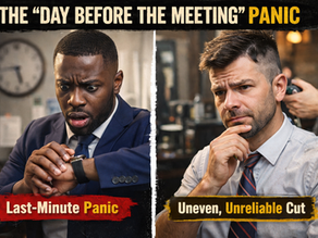 Split-panel promotional image: on the left, a Black man in a suit looks alarmed while checking his watch in an office setting, conveying last-minute pre-meeting stress; on the right, a White man in business attire sits in a barber chair with a visibly uneven haircut, looking concerned as a barber trims in the background. Bold headline text across the top reads “The ‘Day Before the Meeting’ Panic,” with lower captions: “Last-Minute Panic” and “Uneven, Unreliable Cut.”