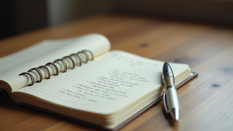 Close-up view of a journal with handwritten notes and a pen on a wooden table