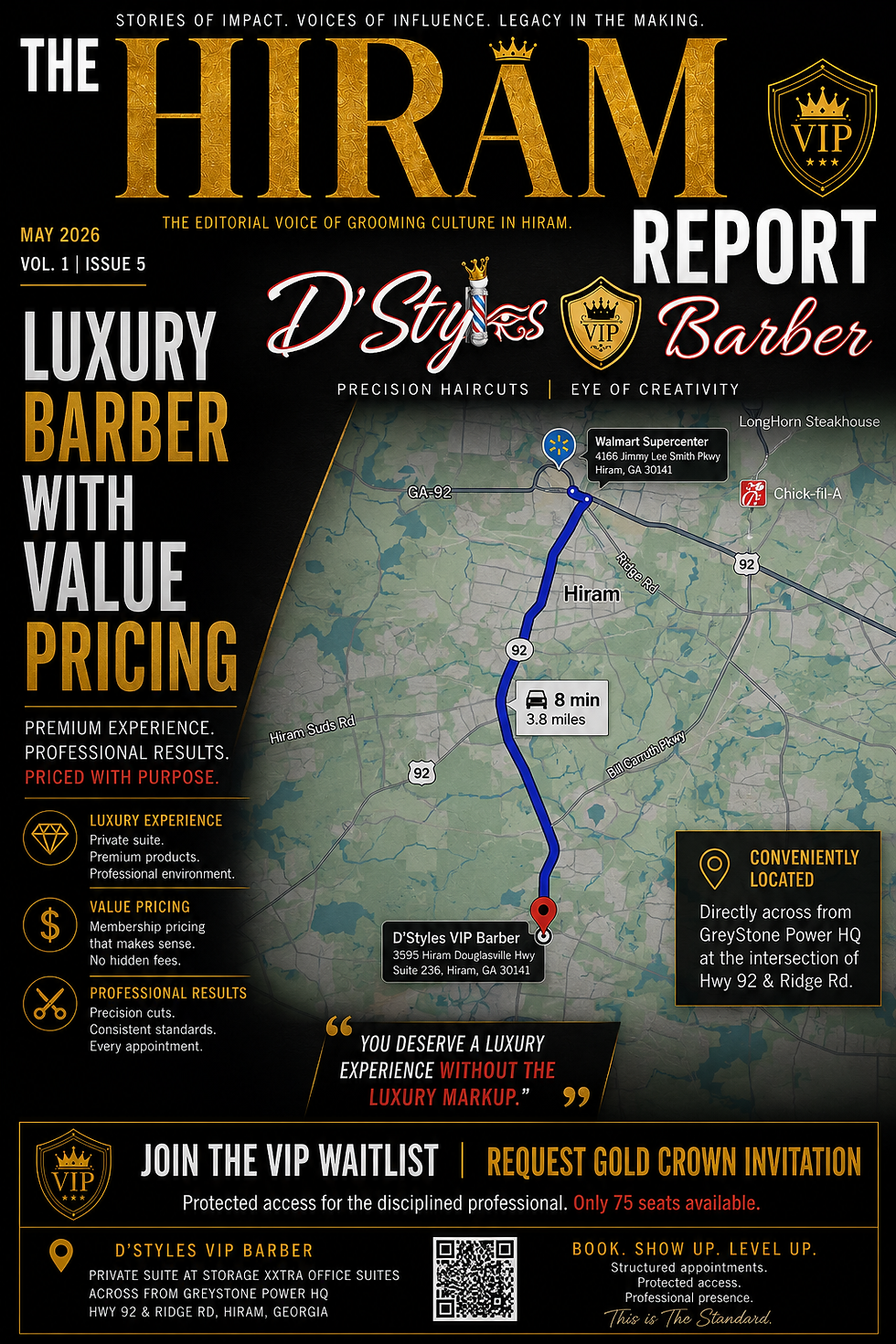 Luxury barber promo poster with black-and-gold VIP branding, Hiram map route, and D’Styles VIP Barber waitlist invitation.