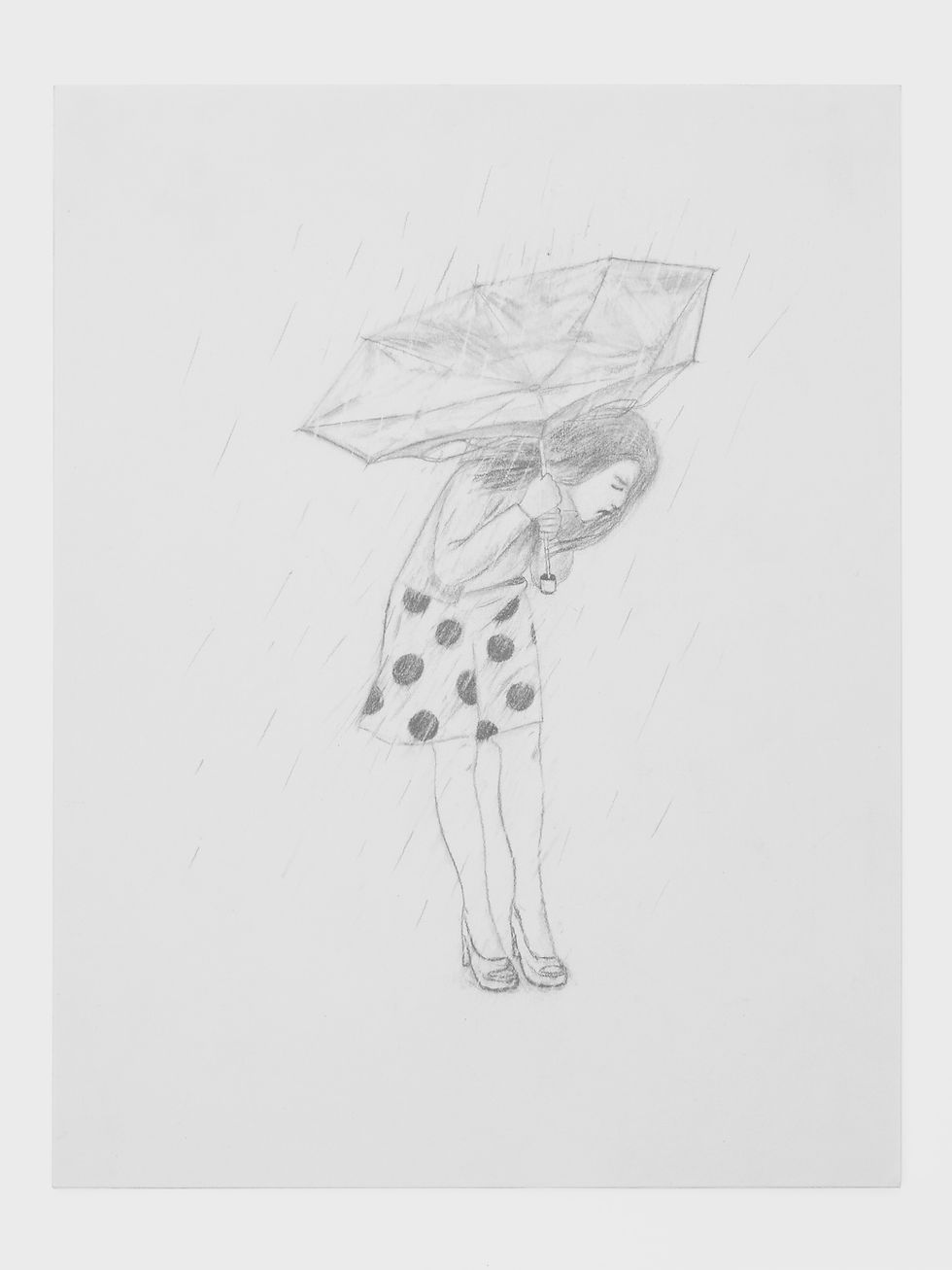 A Woman in a Skirt with a Flipped Umbrella, 2026, 11" x 8.5", Graphite on paper, Courtesy of the artist