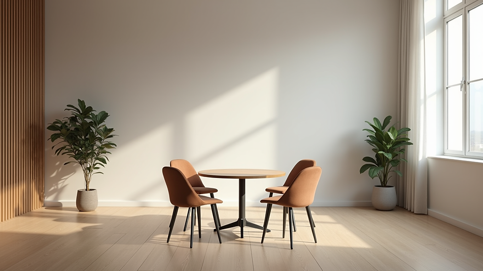 Eye-level view of a calm mediation room with a round table and chairs