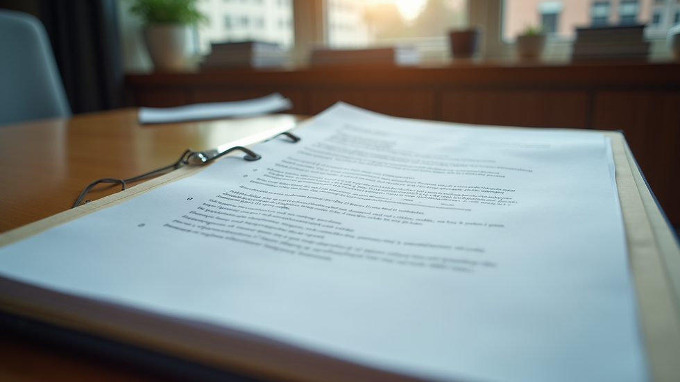 Eye-level view of a neatly organized folder with legal documents and financial papers