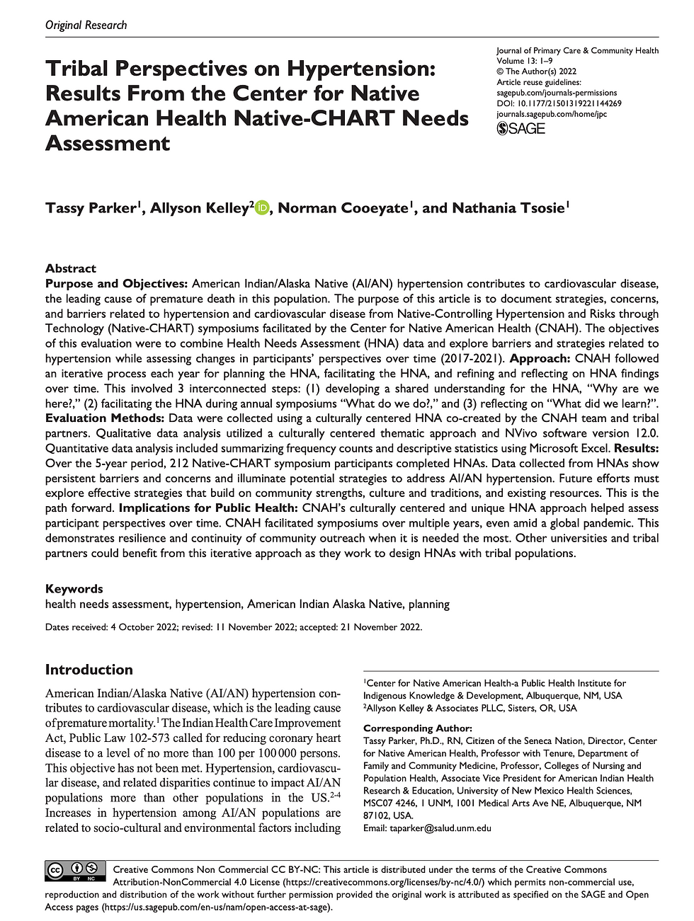 Tribal Perspectives on Hypertension: Results From the Center for Native American Health Native-CHART Needs Assessment