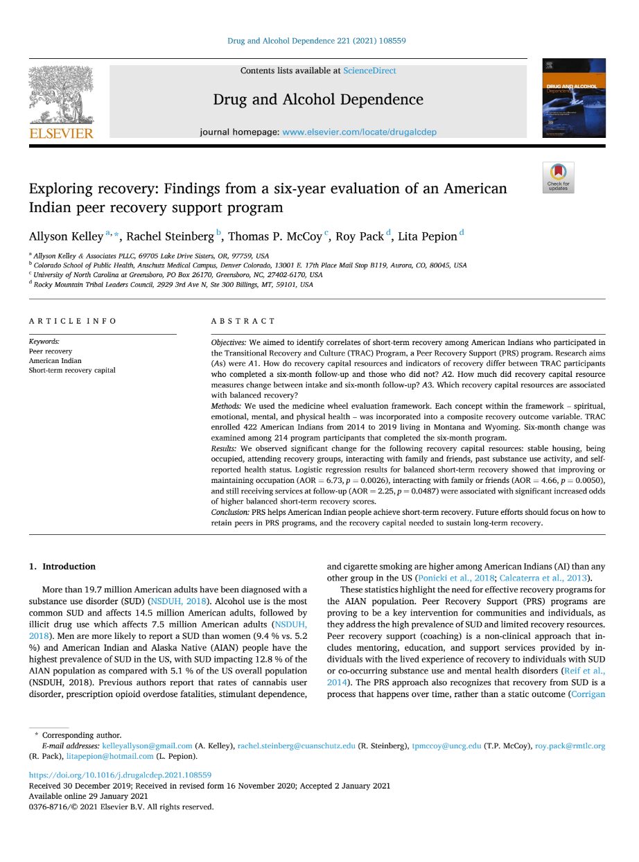 Exploring Recovery: Findings From a Six-year Evaluation of an American Indian Peer Recovery Support Program