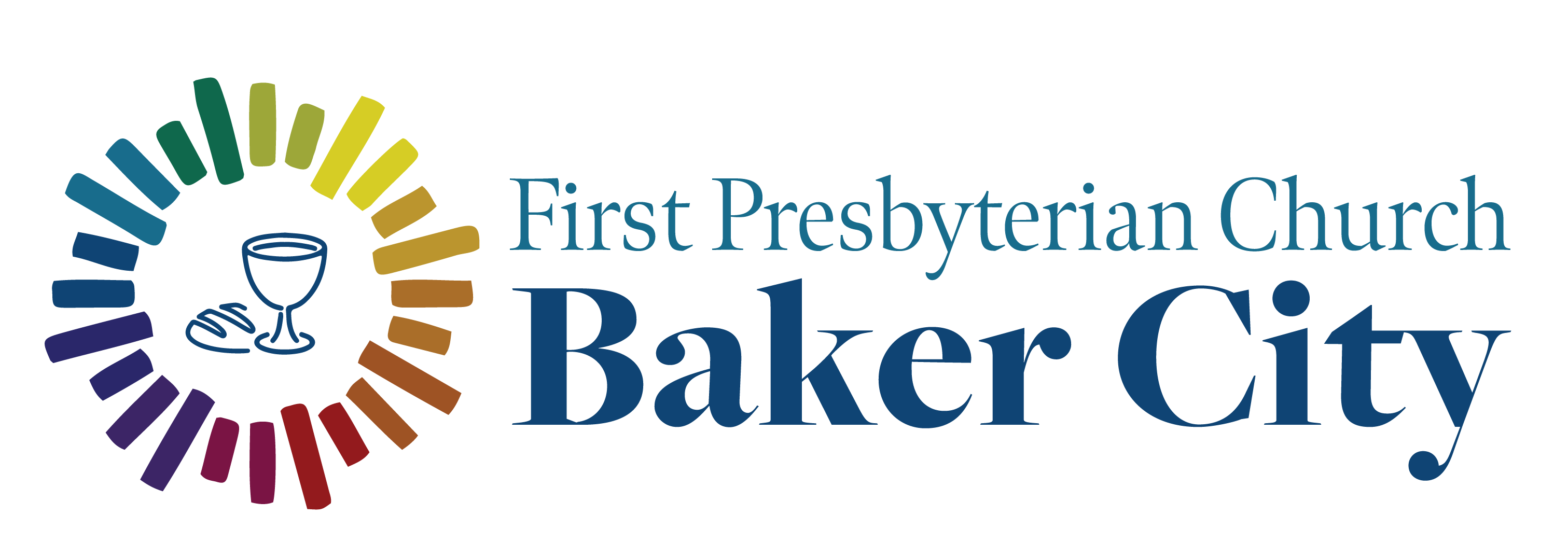 First Presbyterian Church Baker City logo of communion wine encircled by rainbow colored rays of light.