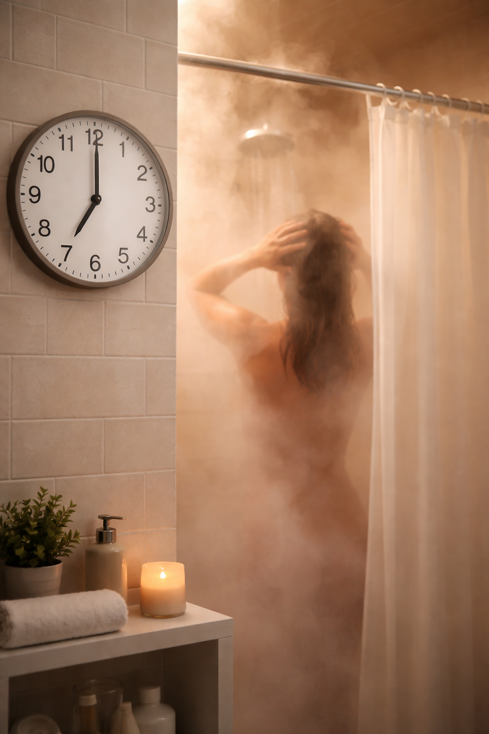 Person showering in a misty bathroom; clock shows 8:12. Candle, towel, and soap on shelf. Warm lighting creates a cozy ambiance.