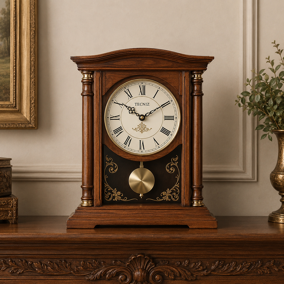 Wooden mantel clock with TECNIZ on white Roman dial, set on ornate table beside a plant in a beige room.