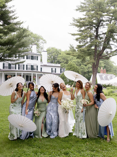 Elegant wedding bridal party in soft sage green dresses — Giuberti Decor & Limo. Glen Magda Farms 