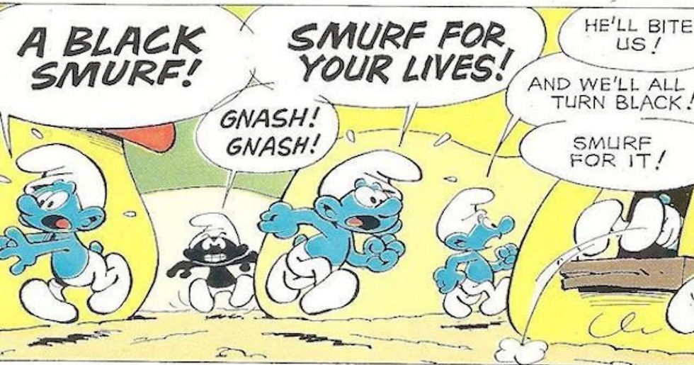 Curiosity crime and cocktail time, childhood ruined, dark childhood theories. childrens tv theories, smurf theory, smurf racism