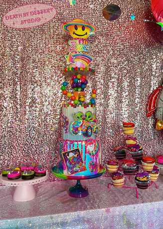 Lisa Frank 90s birthday cake with Zoomer and Zorbit