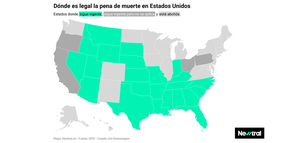 Mapa con los veintisiete estados (en verde) donde es legal la pena de muerte. Fuente: Newtral