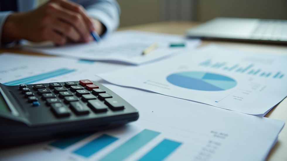 High angle view of a calculator and financial reports on a table