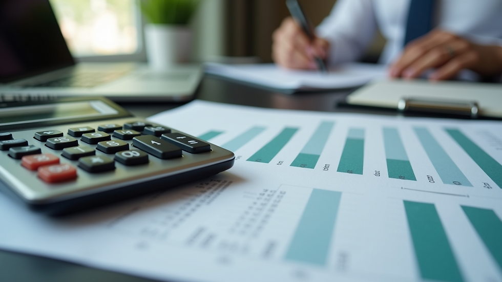 Eye-level view of a calculator and financial reports on a desk