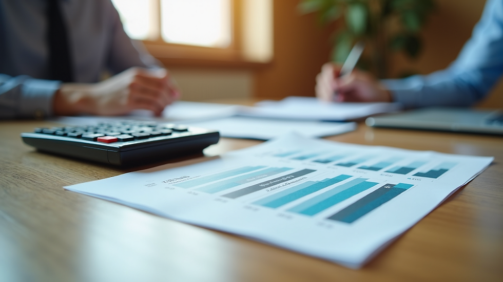 Close-up view of a calculator and financial documents on a wooden table