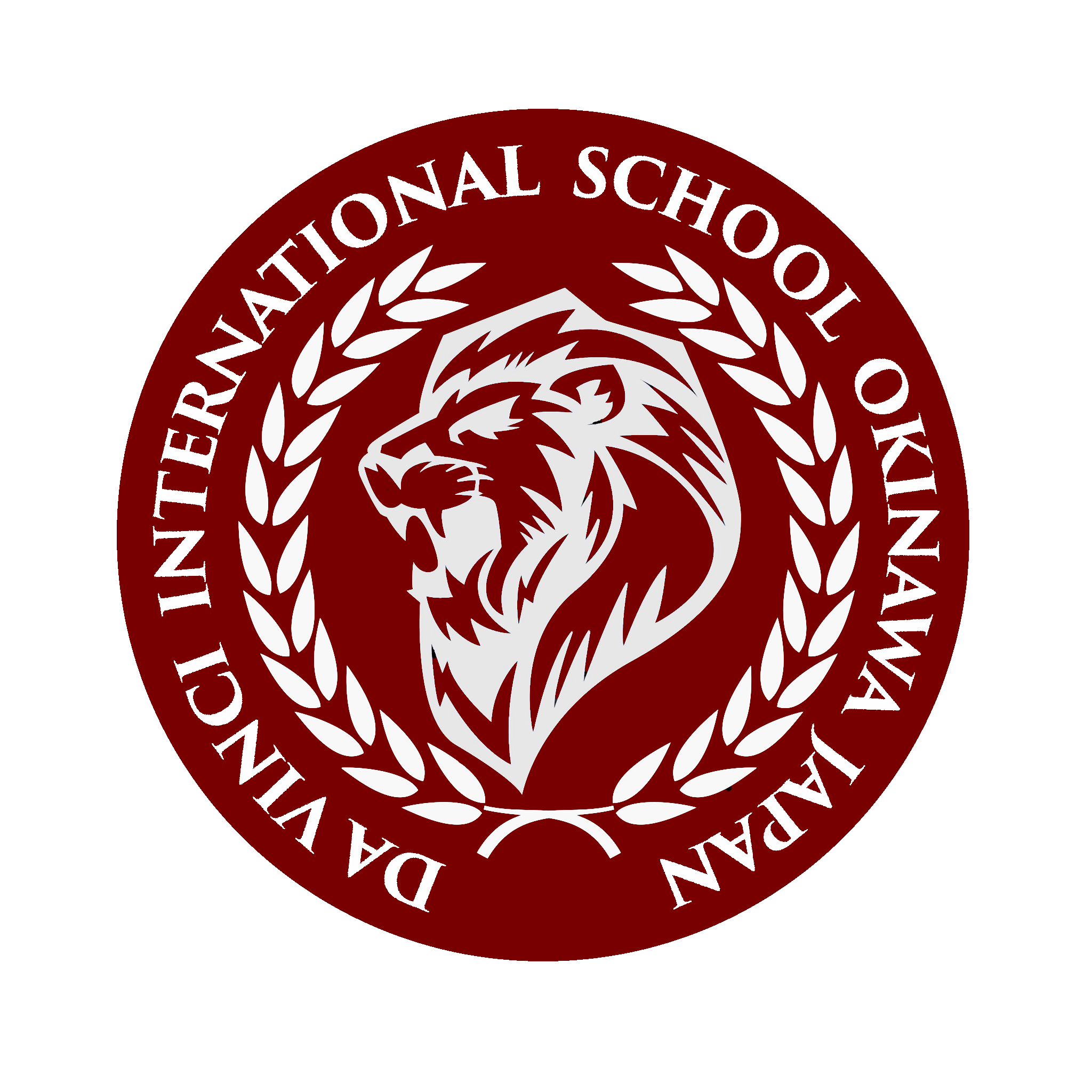 DA·VINCI International School Okinawa logo featuring a white tiger and laurel wreath