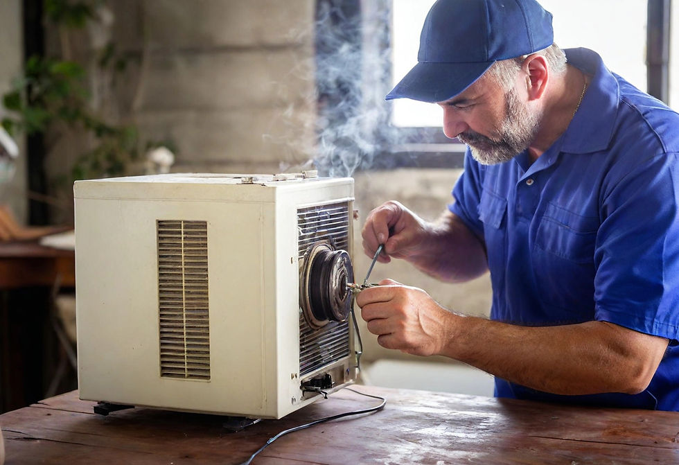 A electrician repair old generator ,electrician insert key in the generator and electrician wear yollow shert and cap