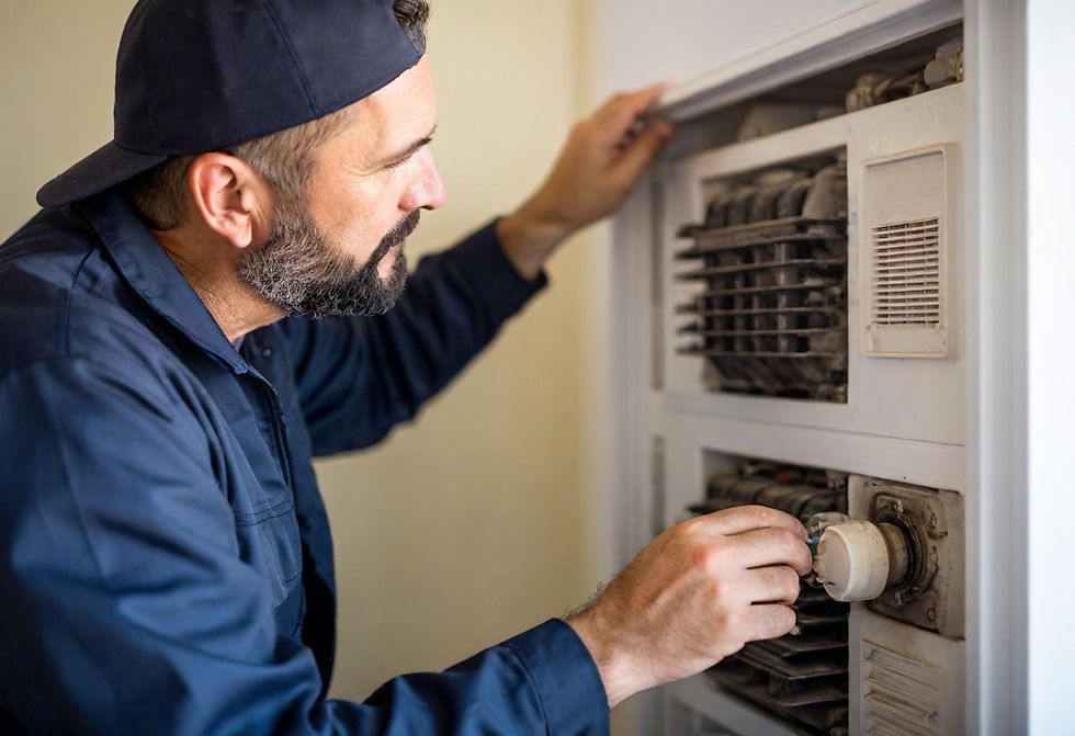A electrician repair generator in the home and insert key in generator ,electrician wear cap and shirt of blue colour.