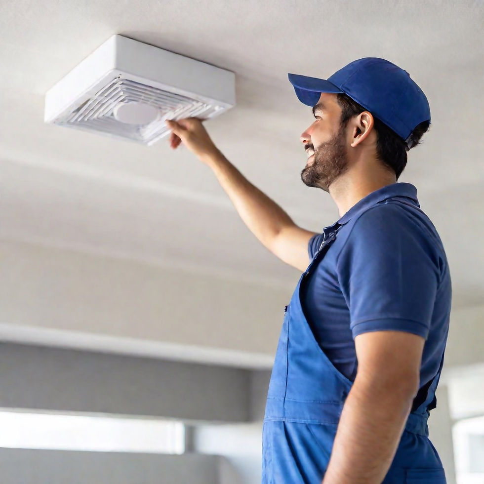 A electrician installed celling fan ,electrician wear cap and elecrician uniform and stand on the chair