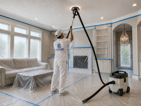 Professional popcorn ceiling removal service in West Palm Beach, FL with full furniture protection, dustless sanding system, and clean residential interior preparation by All Florida Colors Painting.