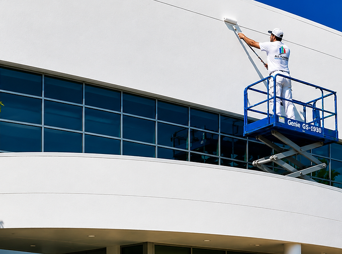 Commercial exterior painter using a scissor lift to paint a commercial building in Fort Lauderdale, FL. Professional commercial painting by All Florida Colors Painting.