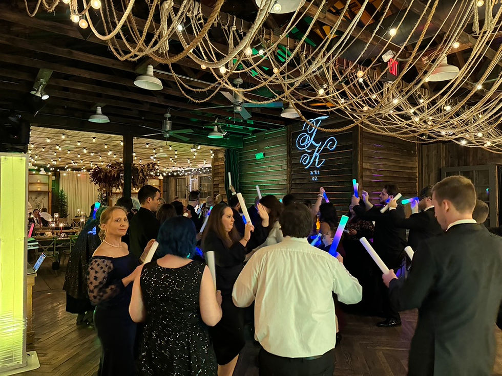 Wedding guests celebrating on a lively dance floor during a reception with professional DJ entertainment