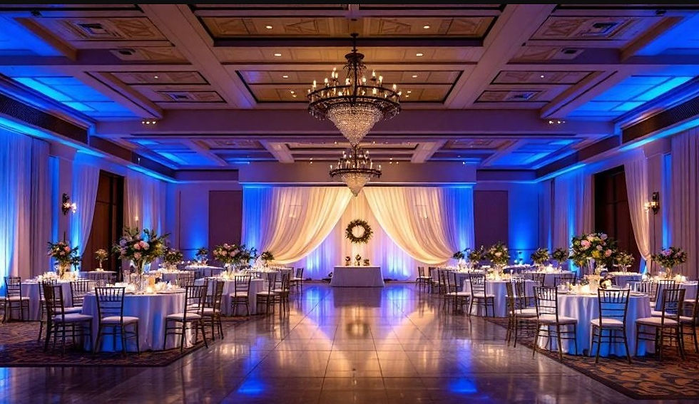 Luxury wedding reception venue with blue uplighting and structured layout design