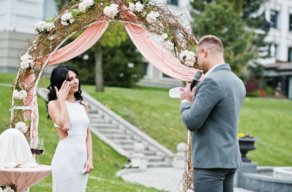 Couple exchanging emotional wedding vows during a luxury ceremony surrounded by family and friends.
