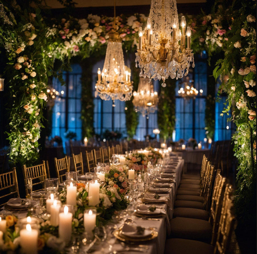Candlelit luxury wedding tablescape with elegant floral arrangements