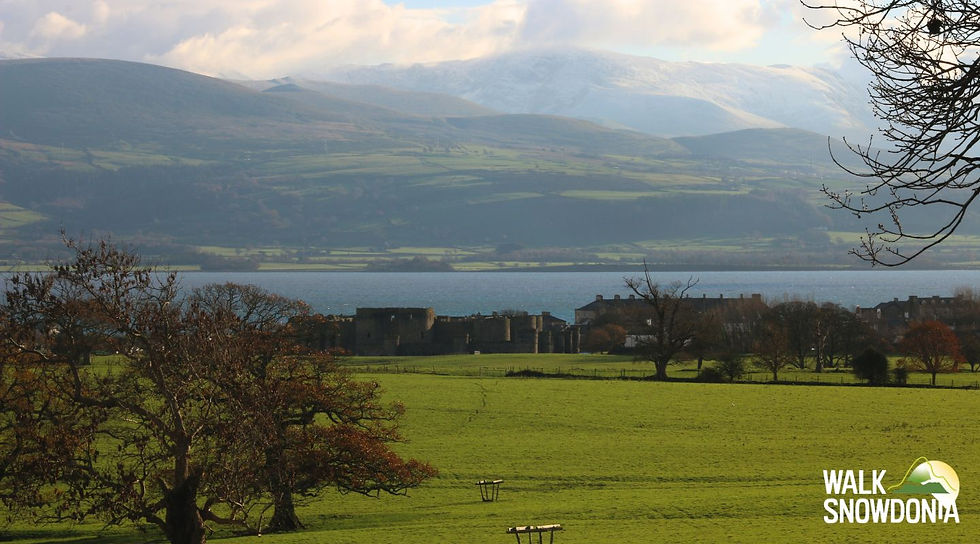 Beaumaris Castle with green fields and snowy mountains