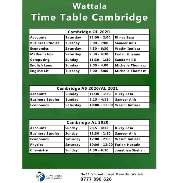 Platinum Timetable Institute Cambridge O/L and A/L